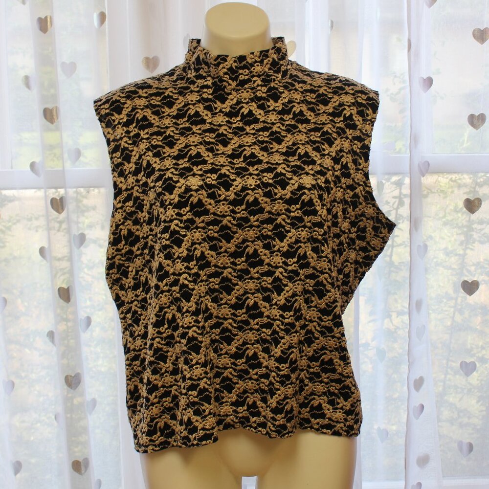 #565A Dressbarn Baclk & Tan Patterned Sleeveless Top Size 2X
